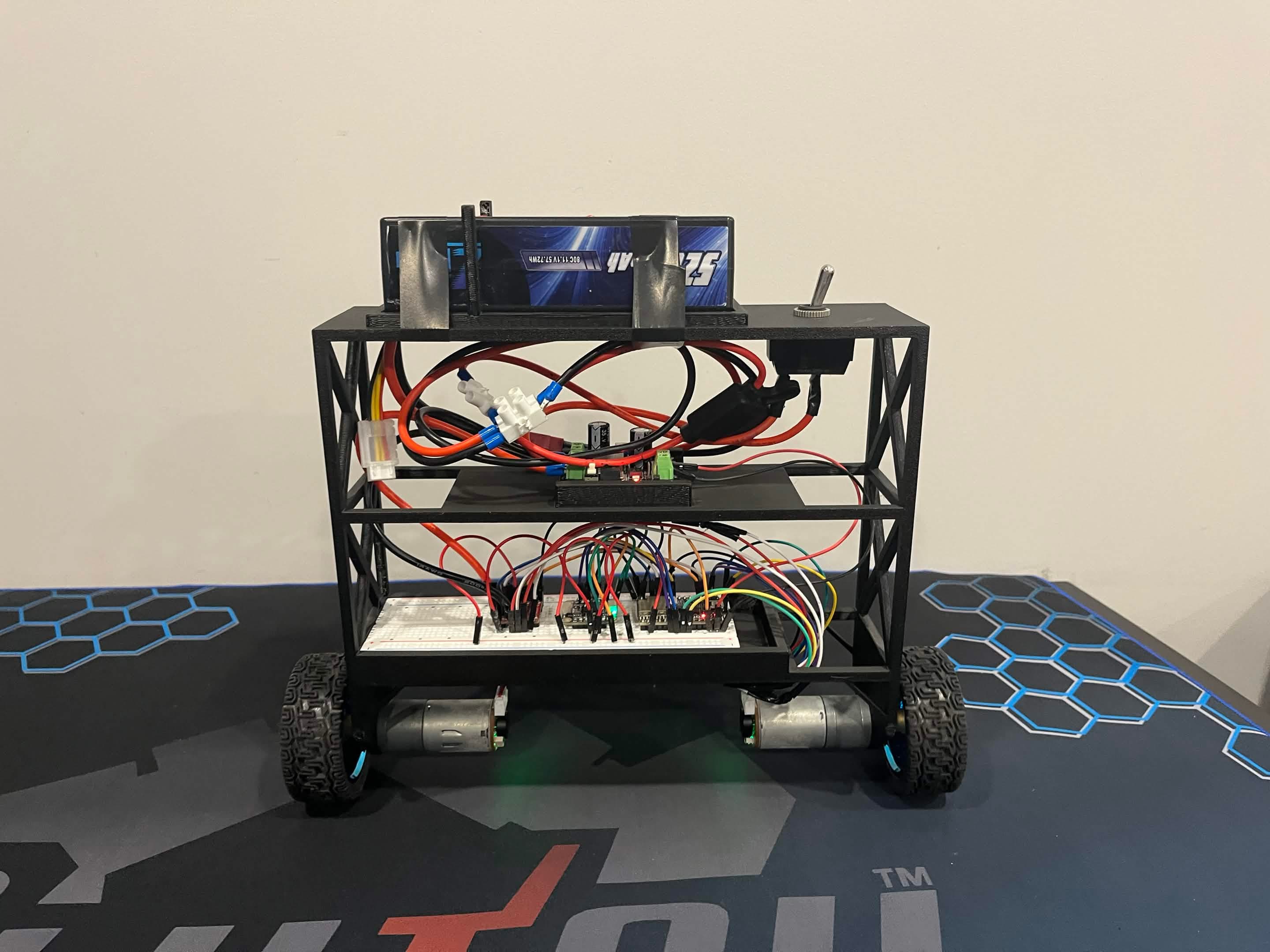 Angus self-balancing robot with its chassis, electronics, motors, and wheels visible